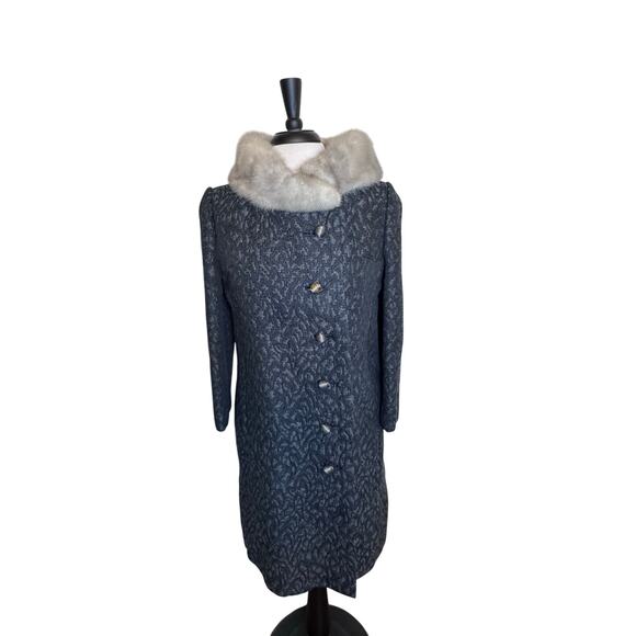 VINTAGE 1950’s Gray Jacquard Tapestry Long Women’s Coat Mink Fur ILGUW Sz Small - Picture 1 of 14